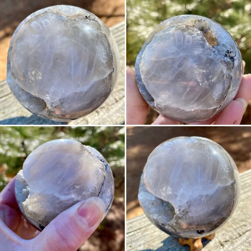 Large HQ Polished UV Reactive Volcano Agate Sphere w/ Wooden Stand - Picture 7 of 16